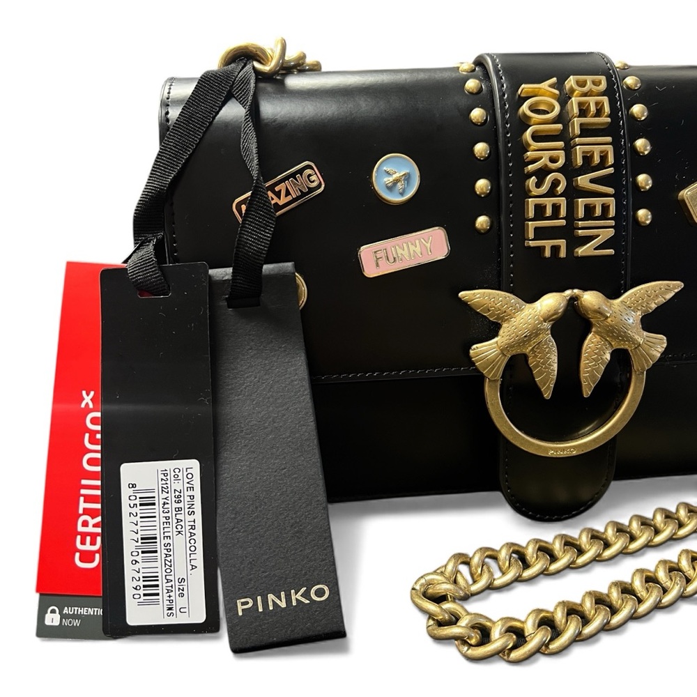 PINKO LOVE BIRDS BUCKLE BAG TRACOLLA LIMITED EDITION LEATHER MOTIVATIONAL PINS - Picture 2 of 11